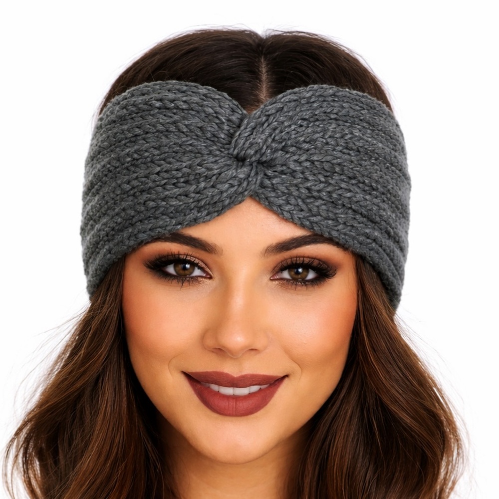 Gray Chunky Knit Twist Knot Headband Ear Warmer | Winter Turban Style